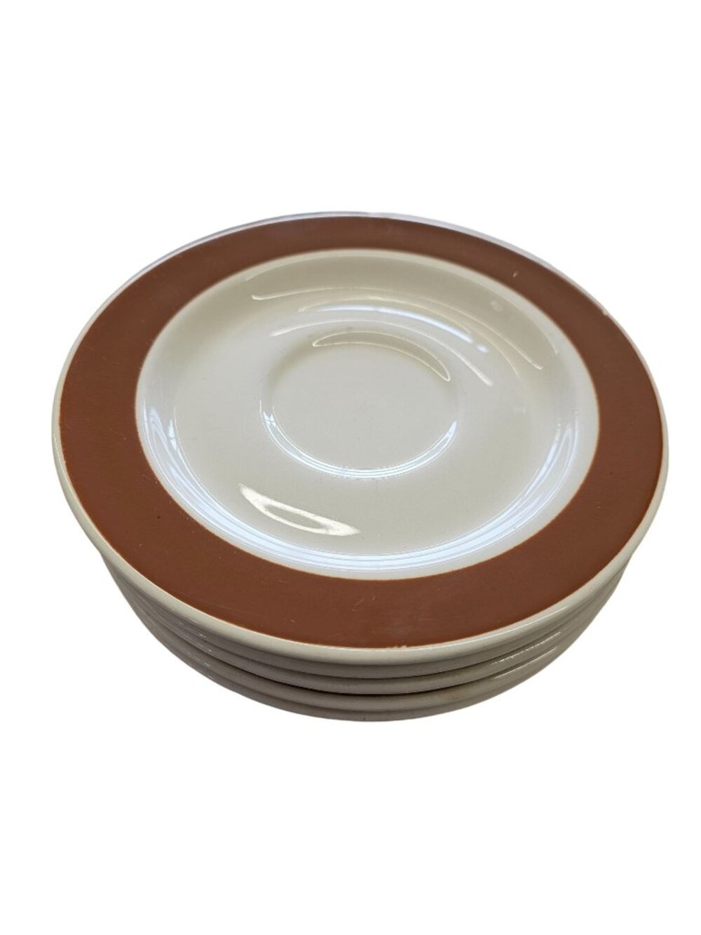 Vintage USA Made White & Brown Ceramic Sauce Plates 6 Inch Set 5